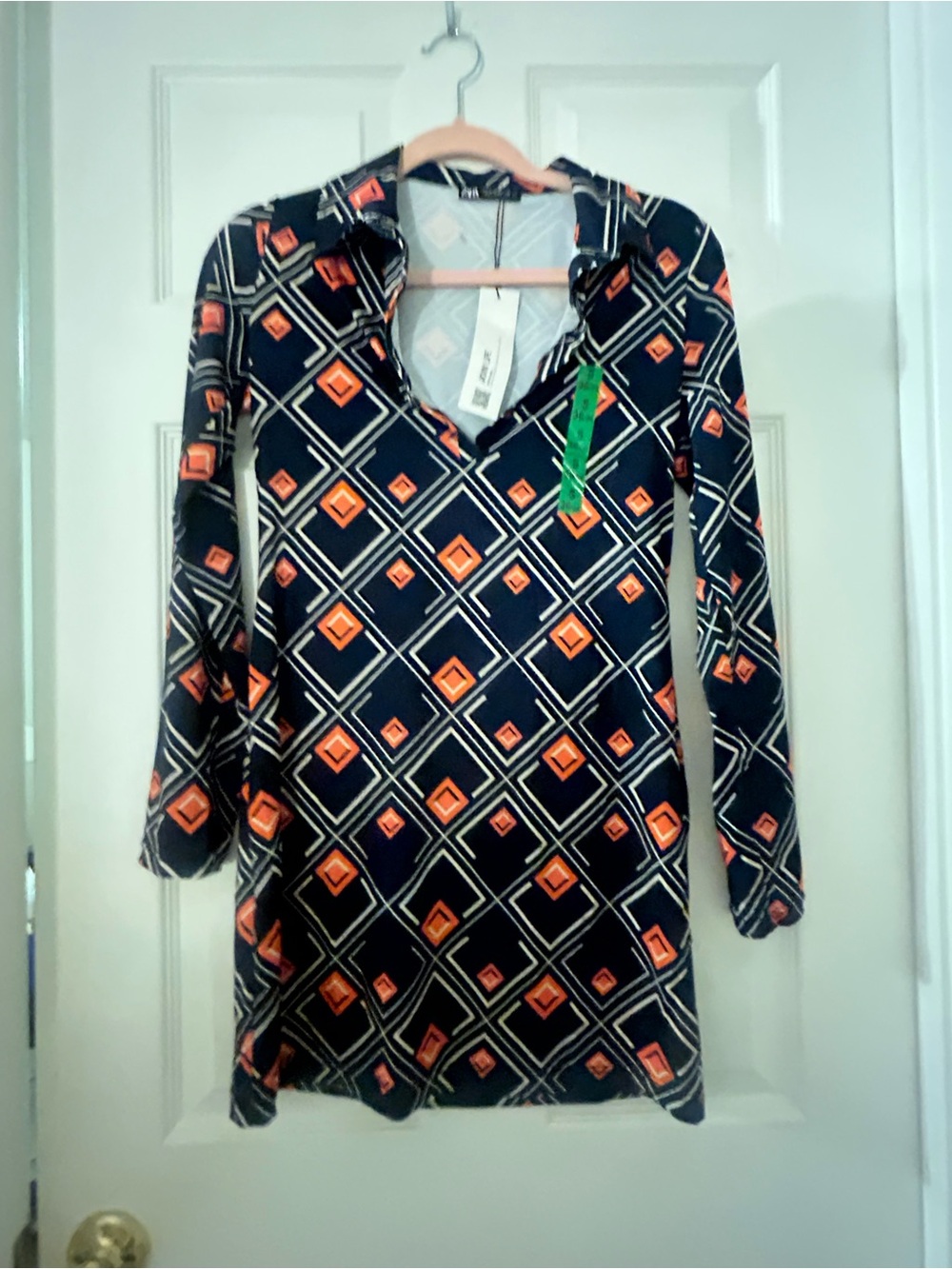 Zara Navy Mini Dress with Orange Geometric Print